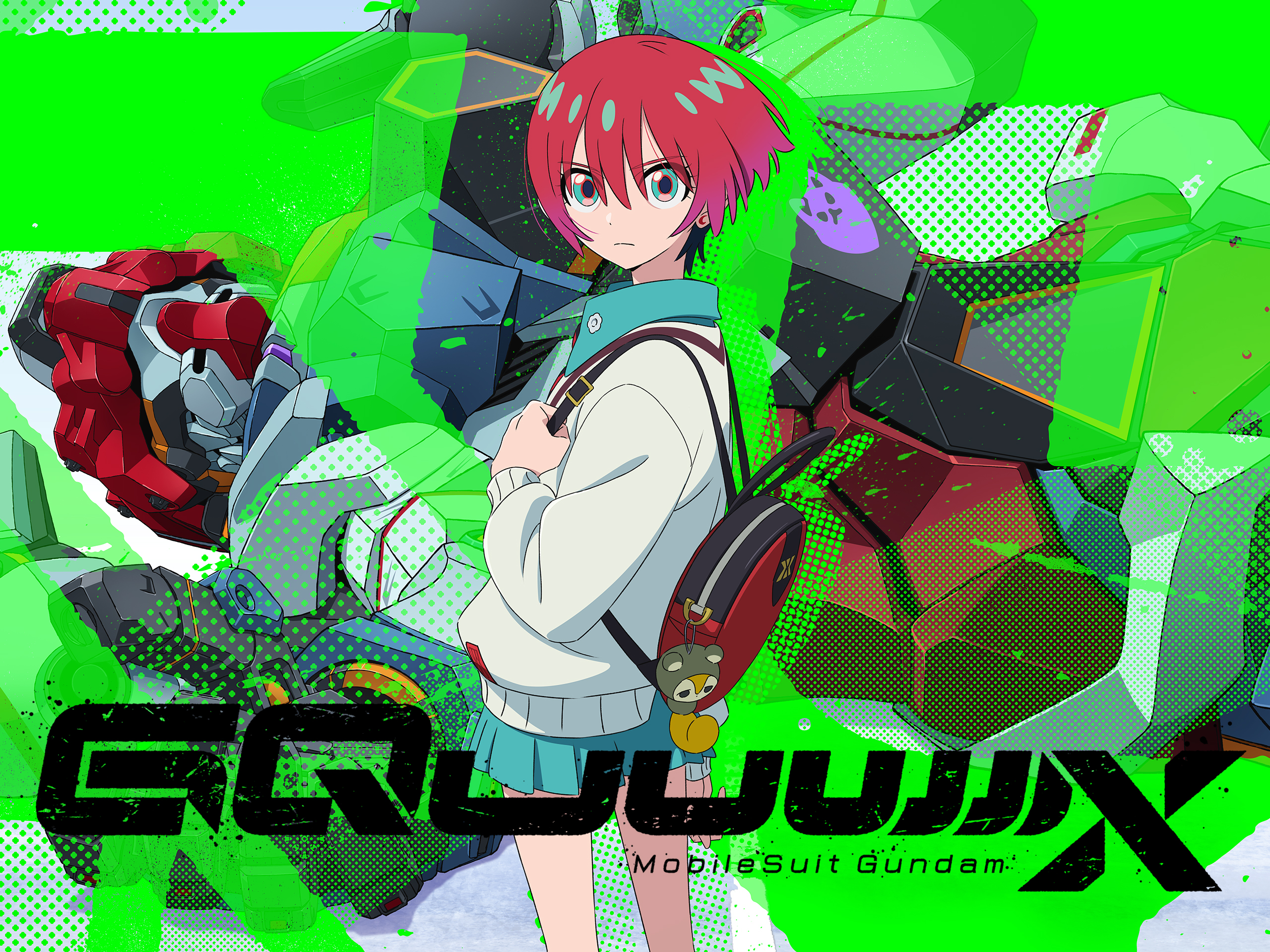 Personaje de anime con mochila frente a un fondo verde vibrante.  